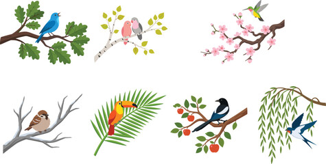 Obraz premium Cute Birds on Tree Branches Vector Icon Set Featuring Hummingbird Bluebird Toucan Sparrow Lovebirds Magpie and Swallow on Seasonal Nature Foliage
