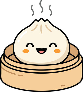 Steaming Dumpling Delight: A cute and happy dumpling sits steaming in a bamboo steamer, its adorable face exuding pure joy and delicious warmth.