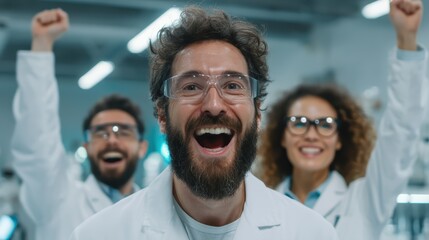 Obraz premium Excited Team of Diverse Scientists Celebrating Successful Scientific Breakthrough in Modern Laboratory