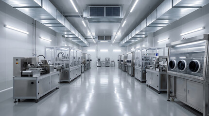Fototapeta premium Sterile pharmaceutical manufacturing facility with stainless steel machinery, glove boxes, and bright led lighting in a cleanroom environment