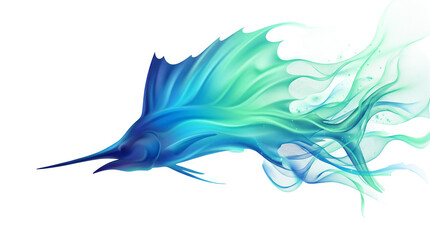 Obraz premium Abstract marlin fish illustration, blue and teal smoke trail swordfish, artistic aquatic animal silhouette on white background