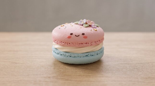 Colorful cartoon macaron with sprinkles, bow, cheerful smiling design, 8K Image 