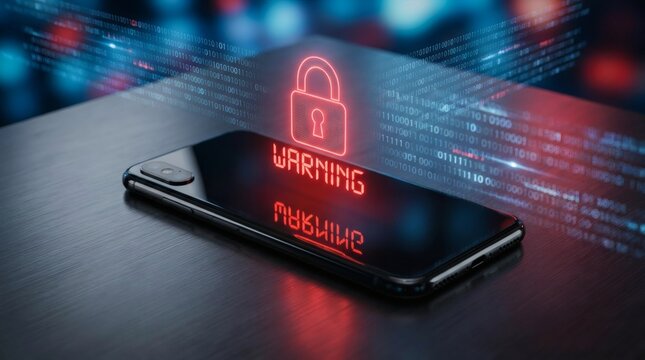 Glowing red padlock icon with warning text floating over smartphone screen with digital binary code background