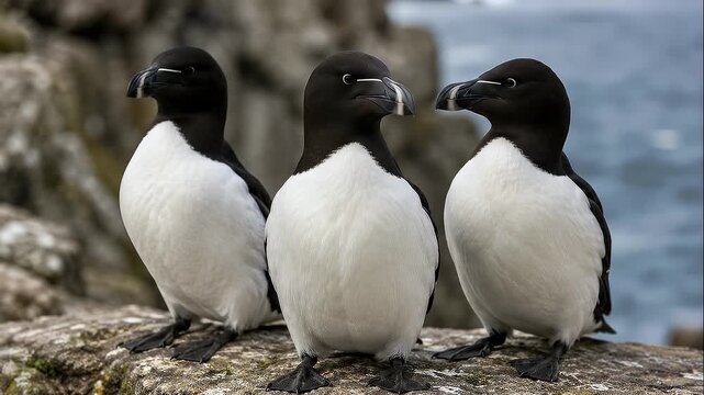 Three razorbills standing together on a rocky coastal cliff in their natural wildlife habitat