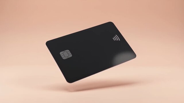 A minimalist animation of a dark credit card with an embedded chip and contactless payment symbol, gently rotating and floating against a soft, light-colored background. Ideal for financial themes.