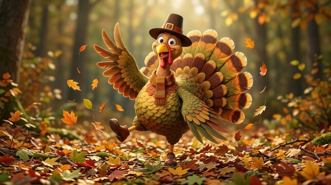 Cheerful cartoon turkey wearing a pilgrim hat and scarf dancing in a vibrant autumn forest with falling colorful leaves