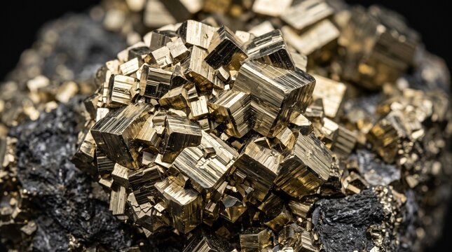 Macro photograph of natural fool's gold pyrite crystal cluster showing brilliant metallic cubic formations and striations