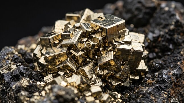 Close up macro photograph of interlocking cubic pyrite crystals displaying metallic golden shine and geometric facets