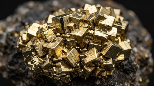 Macro photograph of brilliant golden pyrite crystal cluster displaying sharp geometric cubic faces and striations