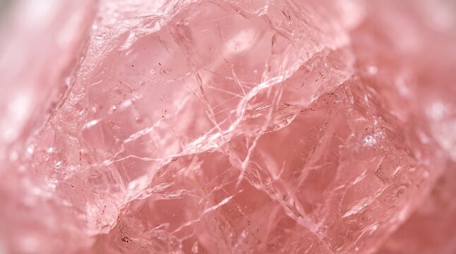 Macro photograph of raw pink rose quartz crystal displaying internal fractures and translucent crystalline structure