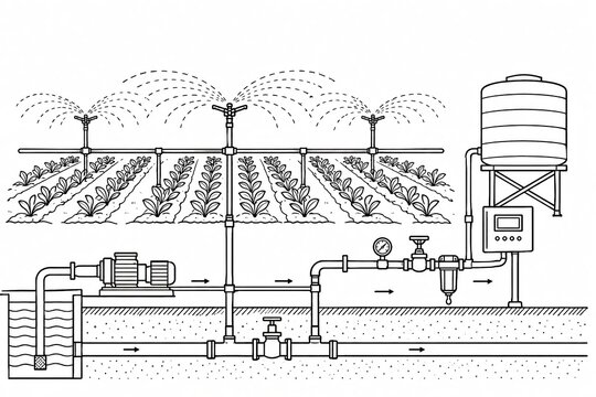 Automatic farm irrigation system line art vector illustration with water pump tank and sprinklers.