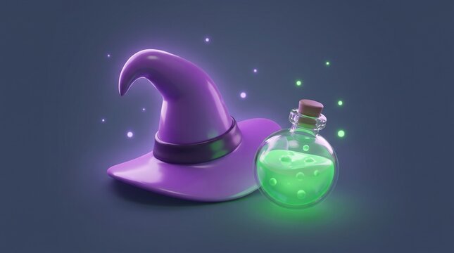 3d render of magical witch hat and glowing green potion bottle on dark background, halloween concept