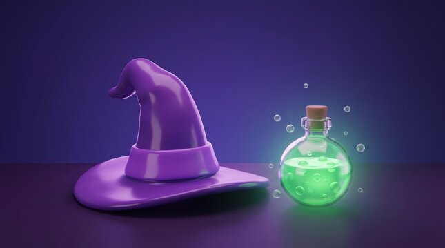 Purple witch hat and glowing green magic potion bottle in 3d illustration