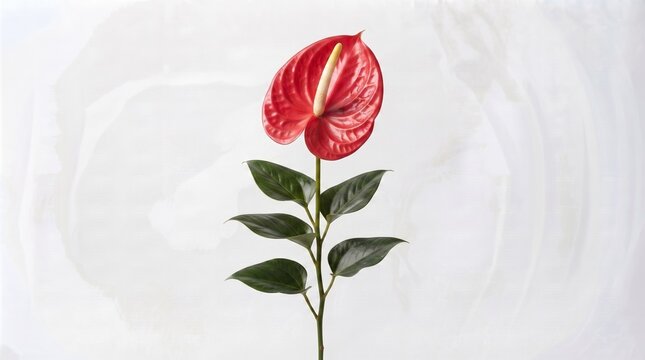 Vibrant red anthurium flower with glossy heart-shaped spathe and green leaves isolated on white
