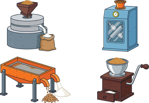 Traditional and Industrial Flour Milling Equipment Vector Set Featuring Stone Quern Grain Grinder Electric Sifter Mill and Manual Hand Crank Crusher