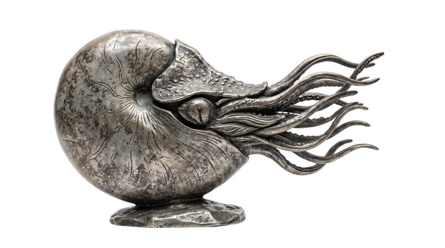 Vintage nautilus sculpture in aged silver metal. Antique cephalopod statue with tentacles. Steampunk nautical decor on white background.