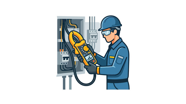 Electrician using clamp meter to test an electrical control panel