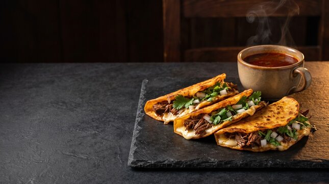 Mexican Birria Tacos Served on Slate Board with Consome Dip Bowl