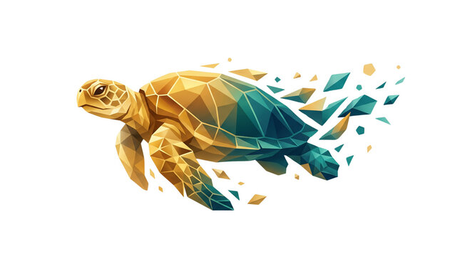 Geometric low poly sea turtle illustration, abstract gold and teal marine animal art, shattered polygon turtle on white background