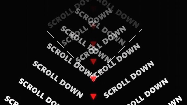 Motion graphics background with repetitive scroll down text and red arrow indicators for interface design