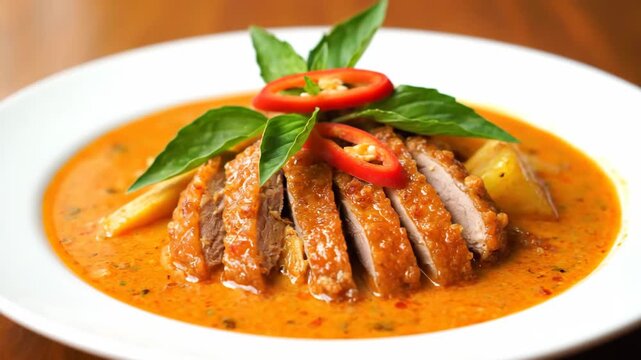 Delicious Thai Roasted Duck Red Curry (Gaeng Phet Ped Yang) served in a white bowl, garnished with fresh basil and chili slices, a classic gourmet Asian dish.