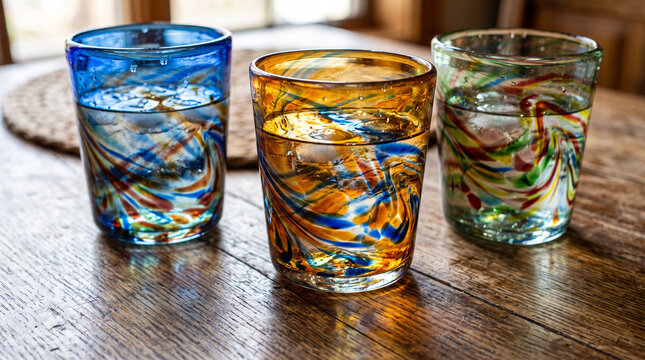 Collection of vibrant colorful hand blown glass tumblers and votives in yellow, blue, purple and orange with speckled confetti pattern displayed on rustic wooden workbench inside glassblowing studio 