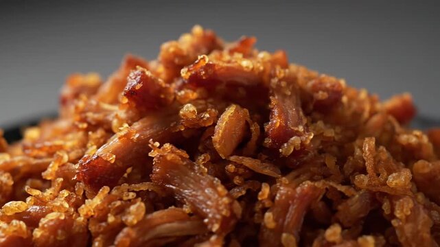 Appetizing extreme close-up of golden brown caramelized meat floss (Rousong) texture against a dark background, showing crispy sugar coating detail.
