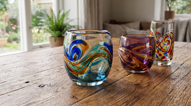 Collection of vibrant colorful hand blown glass tumblers and votives in yellow, blue, purple and orange with speckled confetti pattern displayed on rustic wooden workbench inside glassblowing studio 