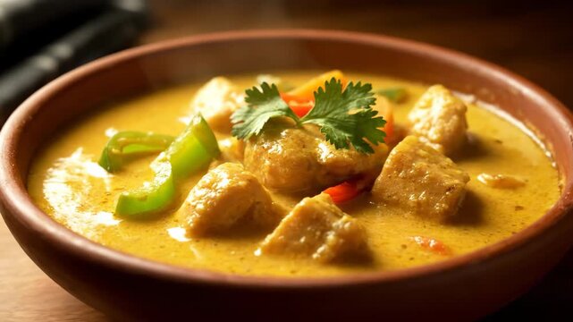 Authentic Indian or Thai Yellow Curry in a Rustic Clay Bowl. Close-up of rich coconut curry stew with meat/tofu, vegetables, and cilantro garnish, emphasizing texture and flavor.