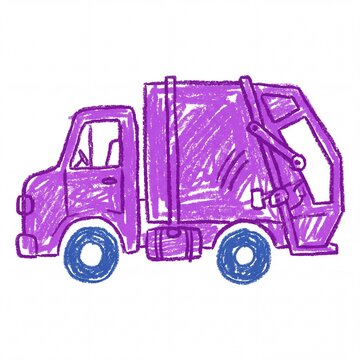 Purple garbage truck drawing made with wax crayons on a white background
