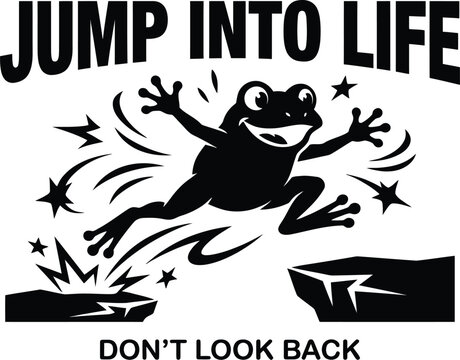 Black frog jumping between rocks with text leap life
