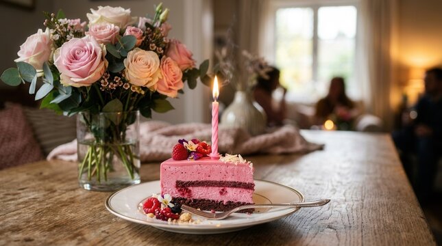 Festive birthday cake slice with pink candle and bouquet of roses on rustic wooden table, blurred background with people celebrating