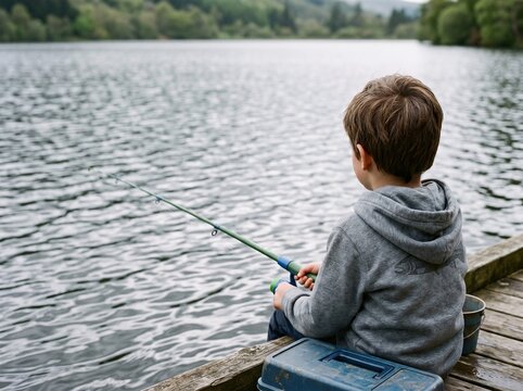 Young Boy Fishing from a Wooden Pier on a Peaceful Scenic Lake