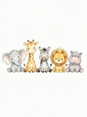Fototapeta premium Cute Watercolor Safari Baby Animals Collection - Elephant, Giraffe, Zebra, Lion, and Hippo Illustration for Nursery Decor