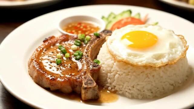 Vietnamese Cơm Tấm: Grilled Pork Chop, Fried Egg, and White Rice Served with Traditional Nuoc Cham Sauce on a White Plate