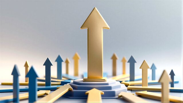 Large arrow leads upward, surrounded by smaller arrows symbolizing growth and direction.