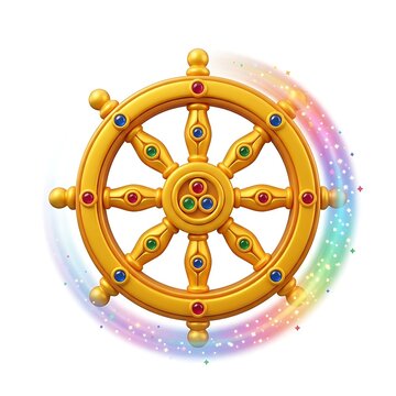 Golden dharmachakra wheel with rainbow stardust trail