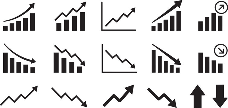 Growth and Decline Bar Chart and Trend Arrow Icons
