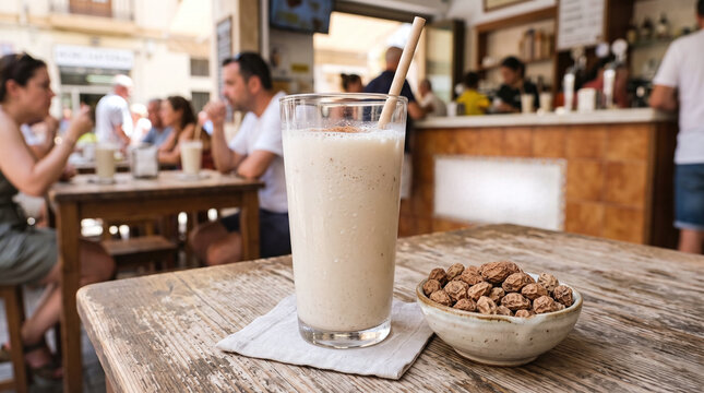 Fresh Spanish horchata de chufa served with tiger nuts at an outdoor cafe