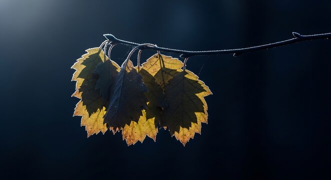 Dry autumn leaves hanging on a delicate branch against a dark moody background
