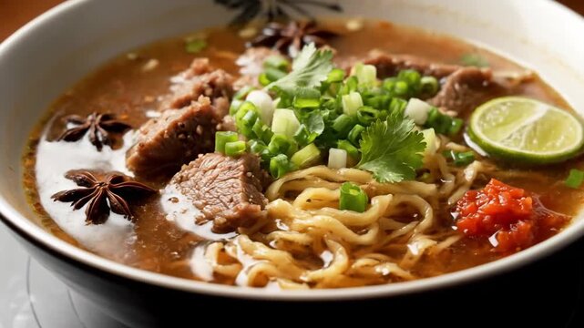Appetizing close-up of traditional braised beef noodle soup (Niu Rou Mian) served in a deep bowl, garnished with star anise, fresh herbs, and a slice of lime.