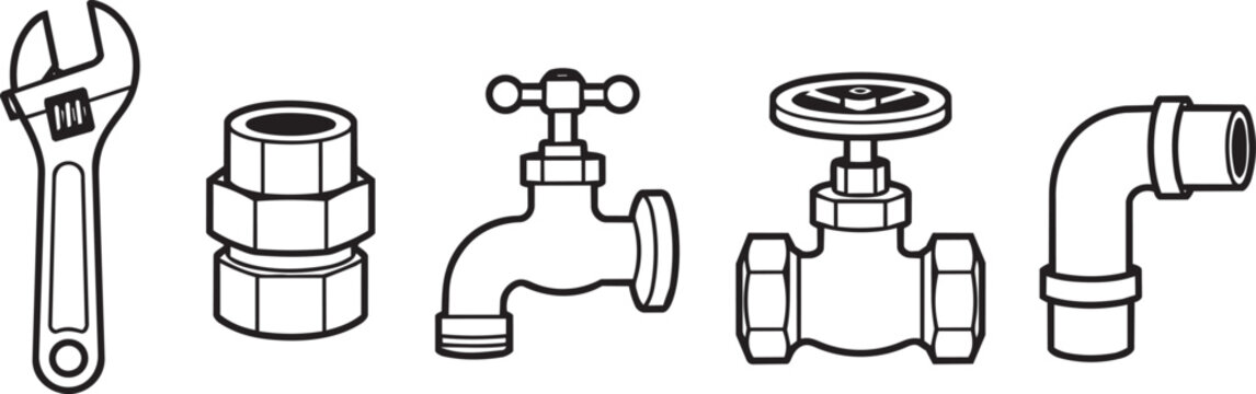Plumbing tools and pipe fittings icons set line art