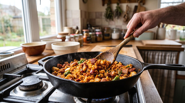 Traditional Spanish migas extreme&ntilde;as cooked in cast iron skillet in kitchen