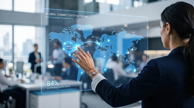 Businesswoman interacting with futuristic hologram global connectivity network map, touching virtual screen interface, international communication, high tech data visualization