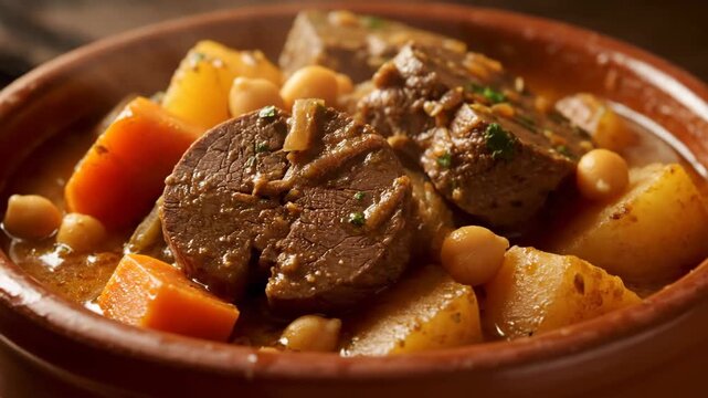 Hearty Beef Stew or Traditional Casserole with Carrots, Potatoes, and Chickpeas Served in a Rustic Clay Bowl. Delicious Homemade Meal.