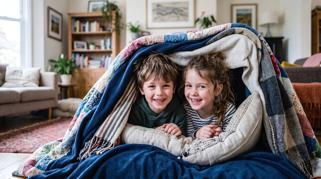 Happy children smiling inside a cozy blanket pillow fort in the living room