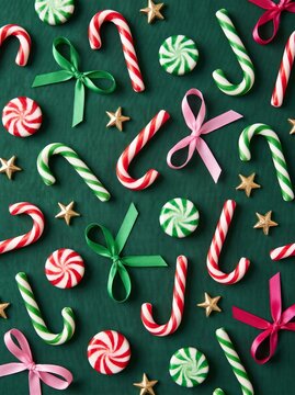 Festive Christmas flat lay pattern with red and green striped candy canes, peppermint swirl candies, gold stars, and colorful satin bows neatly arranged on a dark green textured fabric background.