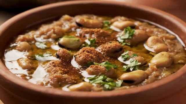 Close-up of Traditional Middle Eastern Foul Mudammas (Fava Beans) Served in a Rustic Terracotta Bowl, Garnished with Olive Oil, Cumin, and Fresh Parsley.