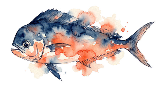 Watercolor fish illustration, artistic sea bream painting in blue and orange, nautical marine life art for seafood menu design