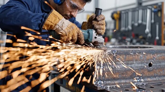 Industrial worker using angle grinder on metal part with sparks